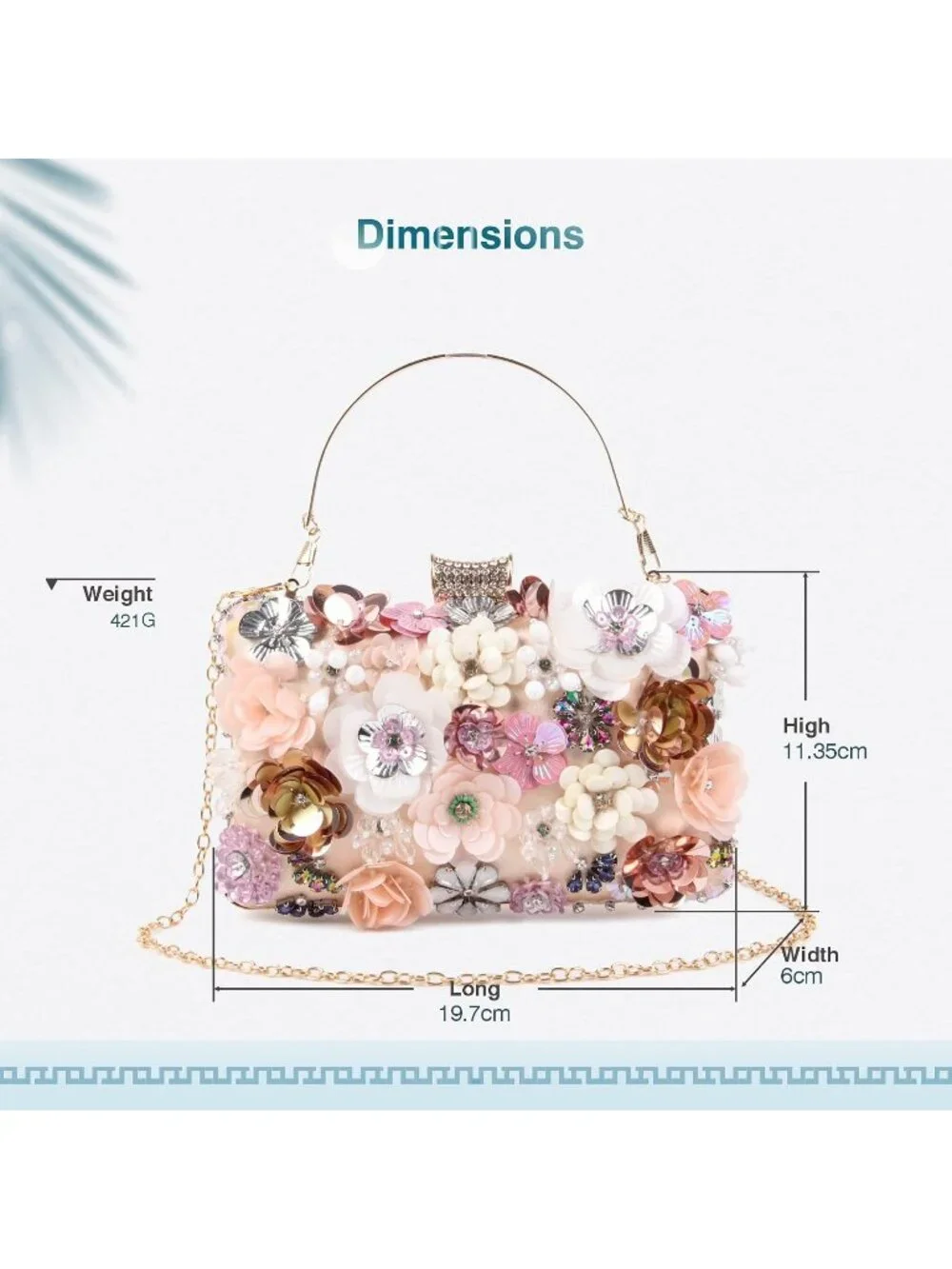 Women's Tan Clutches Flower Evening Handbag Chain Strap Elegant Shoulder Bag
